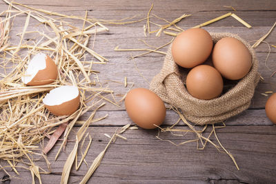 High angle view of eggs in basket on table