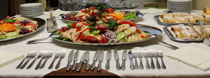 High angle view of meal served on table