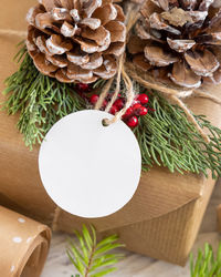 High angle view of christmas decorations on table