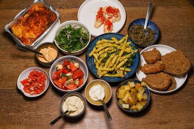 High angle view of food served on table