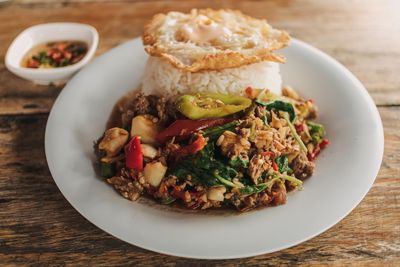 High angle view of food in plate on table