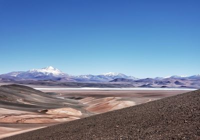 Scenic view of snowcapped mountains against clear blue sky