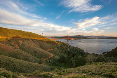 Scenic view of sea and mountains against sky