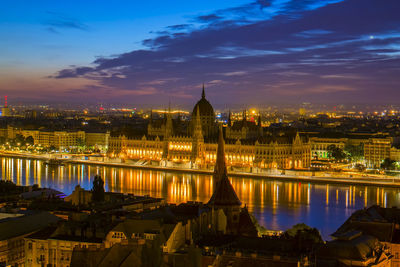 Illuminated hungarian parliament building and cityscape against sky at night