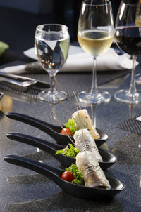 Close-up of wineglass served on table