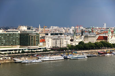 Panoramic view of river and buildings against clear sky