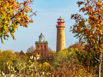 Cape arkona lighthouse. symbol of baltic sea on rugen island, germany. autumn scenery with trees