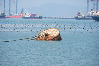 Fishing boats moored in sea