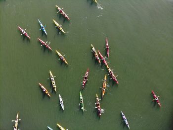 High angle view of kayaks on river