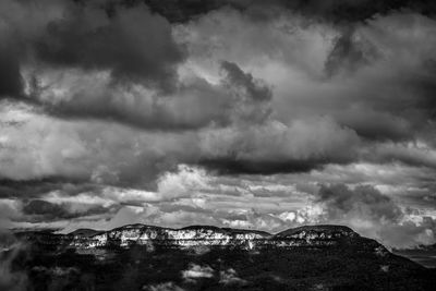 Scenic view of mountains against cloudy sky
