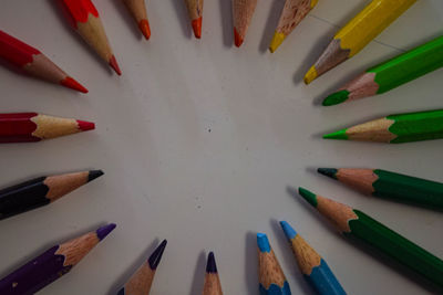 High angle view of colored pencils