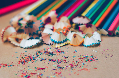 High angle view of multi colored pencils on table