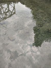 Reflection of snow in puddle on land