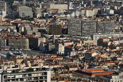 High angle view of buildings in city