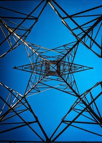 Directly below shot of electricity pylon against clear blue sky