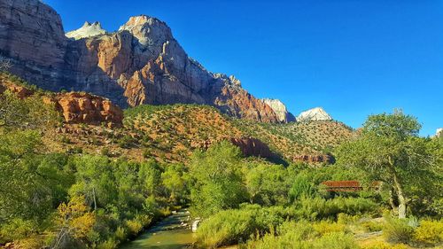 Scenic view of tree mountains against clear blue sky