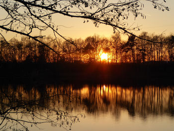 Silhouette bare trees by lake against sky during sunset