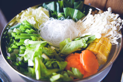 High angle view of chopped vegetables in bowl