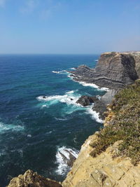 Scenic view of sea against blue sky