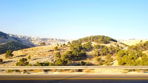 Road amidst trees against clear sky