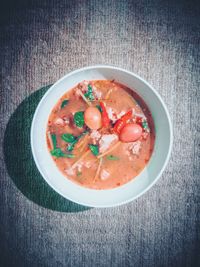 Directly above shot of soup in bowl on table