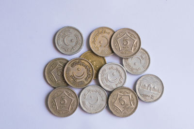 Directly above shot of coins over purple background