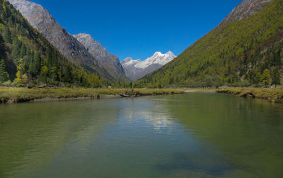 Scenic view of lake by mountains against sky