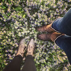 Low section of people standing on flowering plants