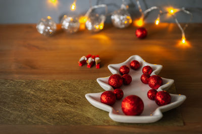 High angle view of christmas decorations on table