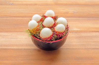 High angle view of multi colored eggs on table