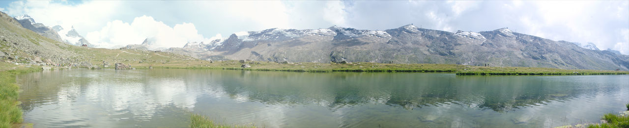 Panoramic view of lake and mountains against sky