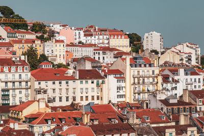 Houses in city against clear sky