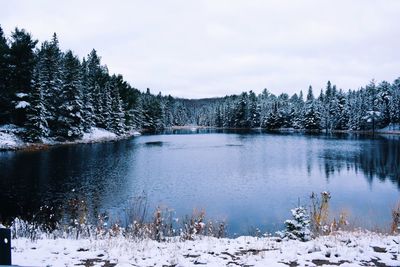 Scenic view of lake against sky during winter