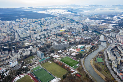 Aerial urban landscape, houses and flat of blacks. above view of cluj napoca city, romania