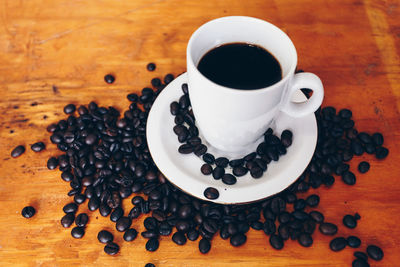 High angle view of coffee cup on table