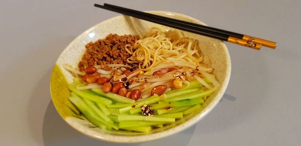 High angle view of noodles in bowl on table