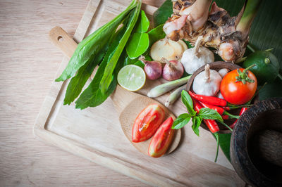 High angle view of vegetables in bowl on table