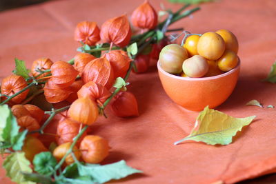 Close-up of fruits in bowl on table