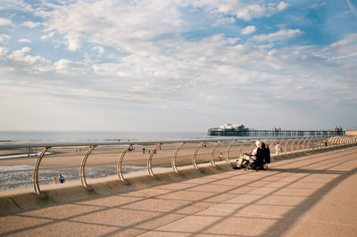 Rear view of woman sitting on railing by sea against sky