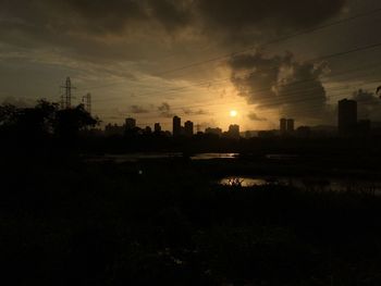 City skyline at sunset