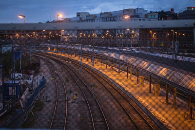 High angle view of illuminated bridge at night