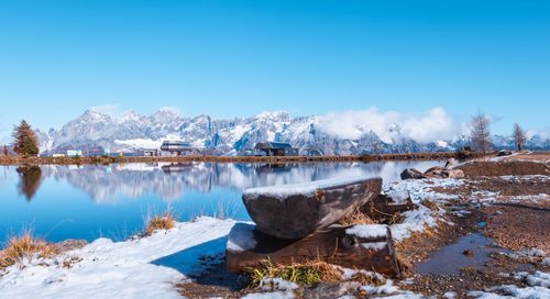 Scenic view of frozen lake against clear blue sky