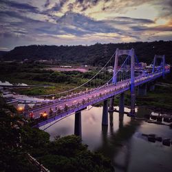 Bridge over river against sky at sunset