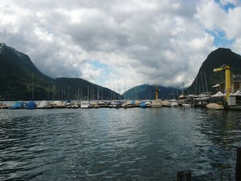 Boats moored at harbor