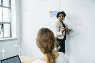 Businesswoman explaining colleagues while standing by whiteboard in office