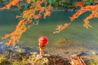 Woman with umbrella and tree by lake against sky during autumn