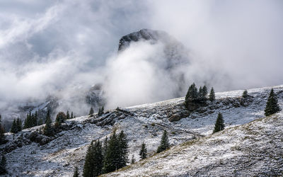 Panoramic view of snow covered land against sky