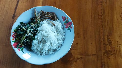 High angle view of meal served on table