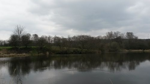 Scenic view of lake against cloudy sky