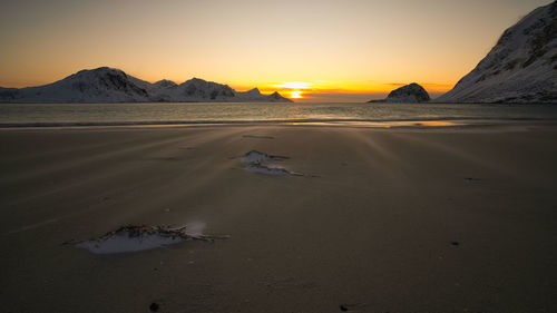 Scenic view of beach against sky during sunset